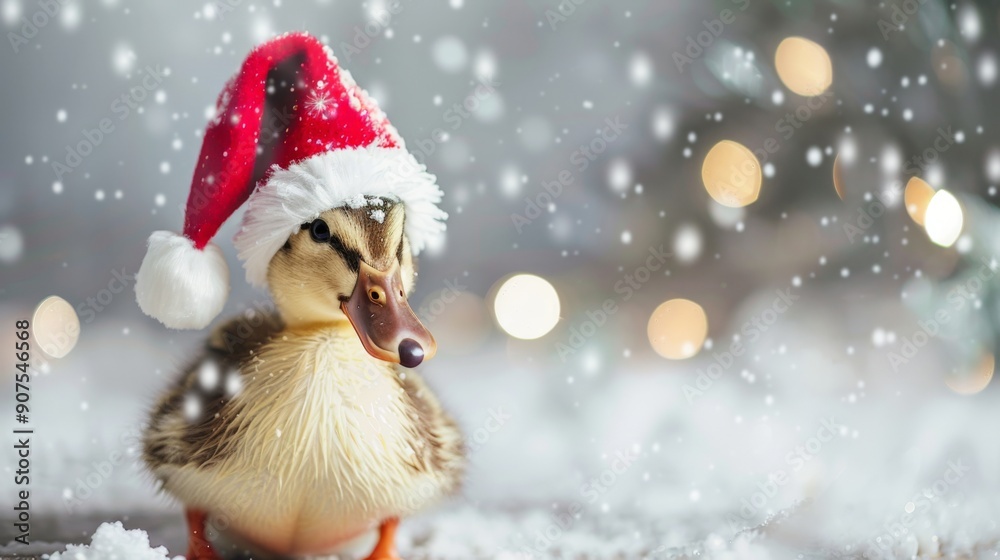 Festive Duck Wearing Santa Hat in Snowy Winter Scene for Christmas Holiday Design Festive Duck Wearing Santa Hat in Snowy Winter Scene for Christmas Holiday Design