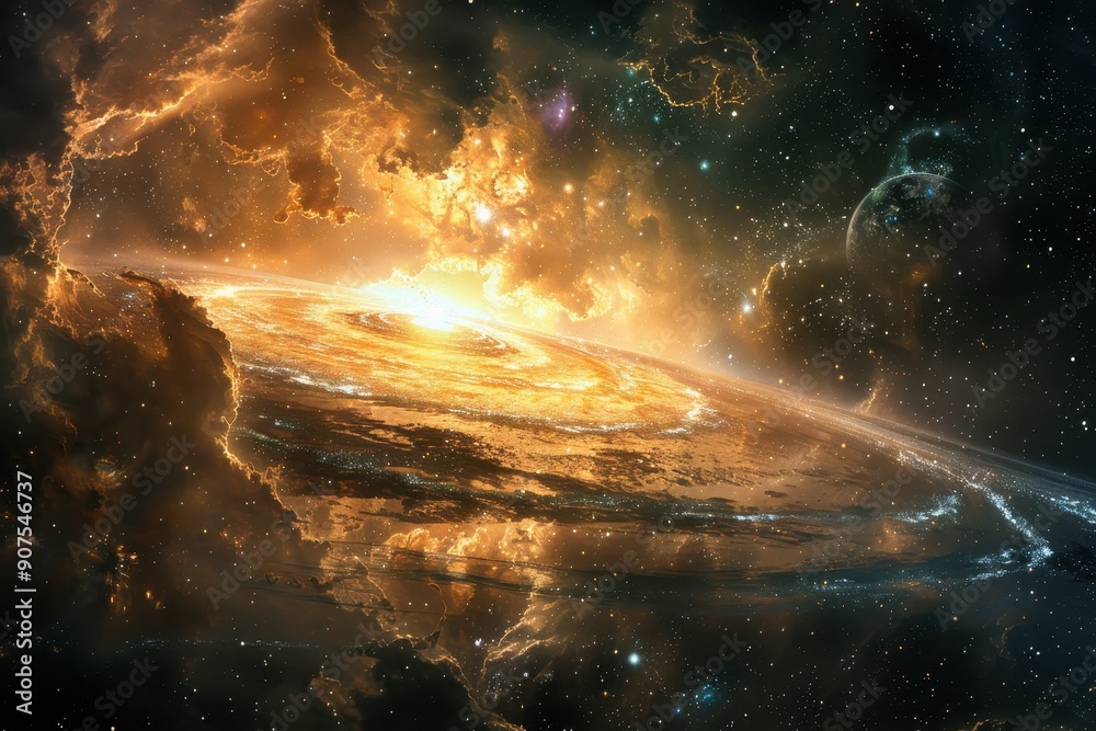 A Golden Spiral Galaxy Surrounded by Stars and Clouds in Space A Golden Spiral Galaxy Surrounded by Stars and Clouds in Space