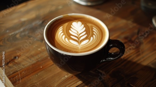 Coffee with latte art in black cup