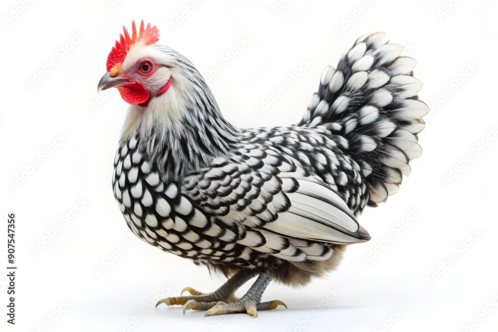 Fototapeta premium Black and White Speckled Hen Isolated on White Background.