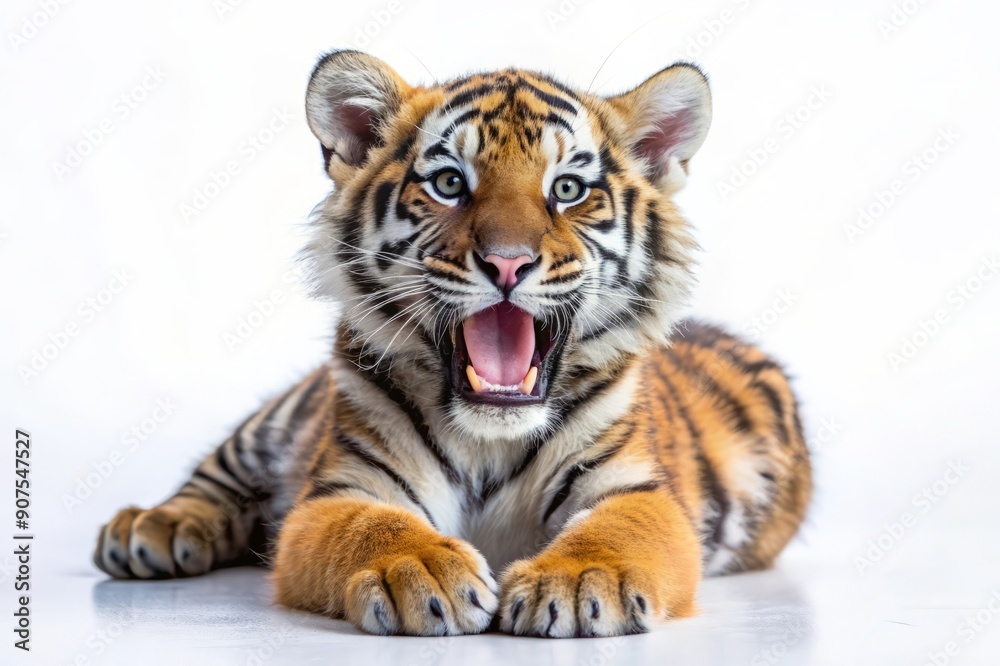 Obraz premium Adorable Tiger Cub with Open Mouth on White Background.