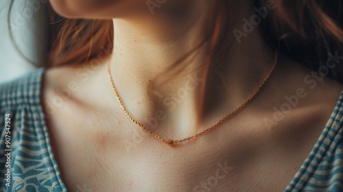 Close-up of a Woman Wearing a Gold Chain Necklace