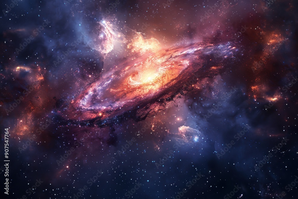 A Cosmic Spiral Galaxy with a Bright Center Surrounded by Stars and Nebulas A Cosmic Spiral Galaxy with a Bright Center Surrounded by Stars and Nebulas
