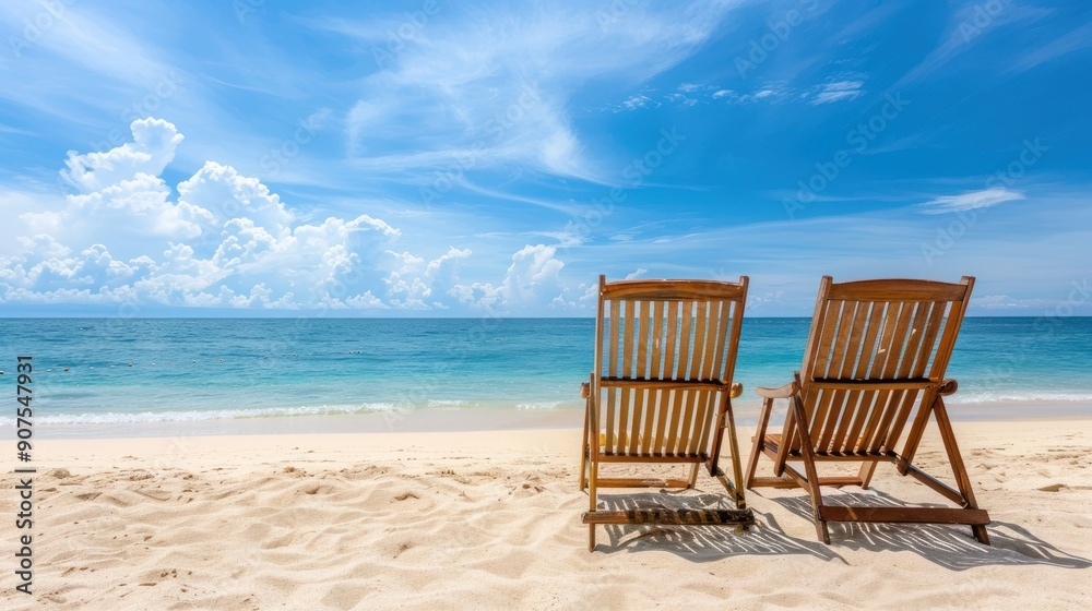 Relaxing beach chairs on white sand and blue water. Relaxing beach chairs on white sand and blue water.