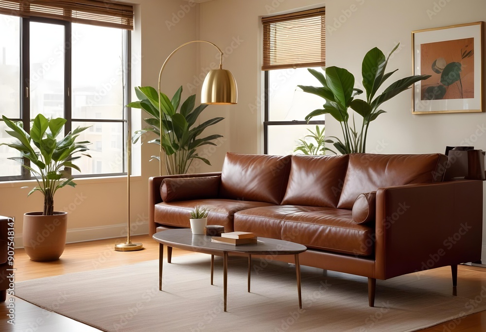 A modern living room with a large brown leather sofa, a floor lamp with a brass shade, and a potted plant in the background A modern living room with a large brown leather sofa, a floor lamp with a brass shade, and a potted plant in the background