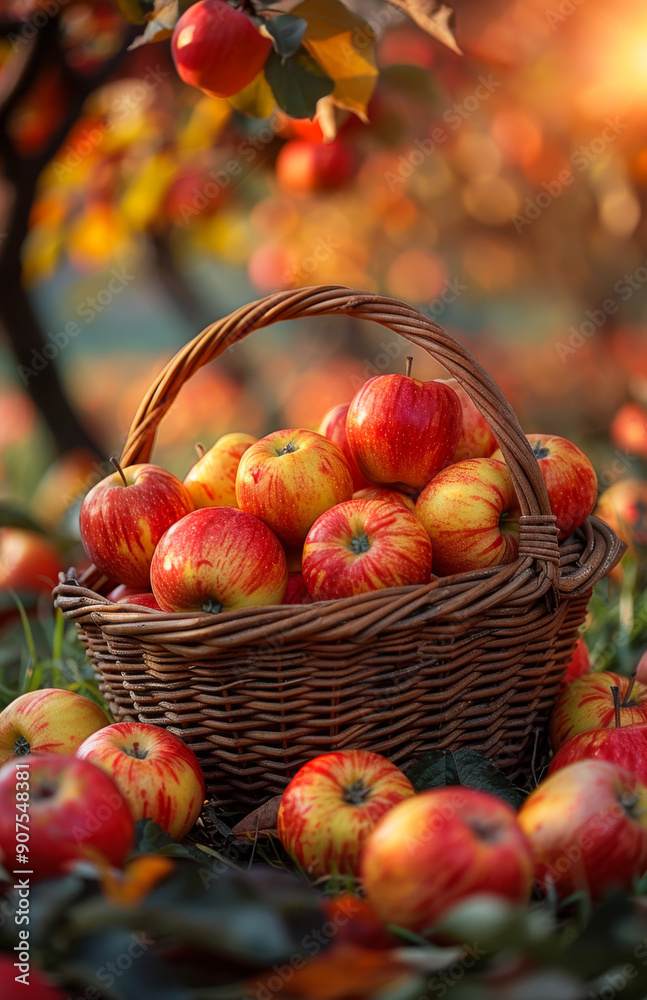 A basket full of apples is sitting on the ground in a field. The apples are red and yellow, and they are scattered all over the ground. A basket full of apples is sitting on the ground in a field. The apples are red and yellow, and they are scattered all over the ground.