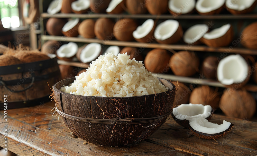 A bowl of rice is sitting on a wooden table next to a pile of coconuts. The coconuts are in various stages of ripeness A bowl of rice is sitting on a wooden table next to a pile of coconuts. The coconuts are in various stages of ripeness