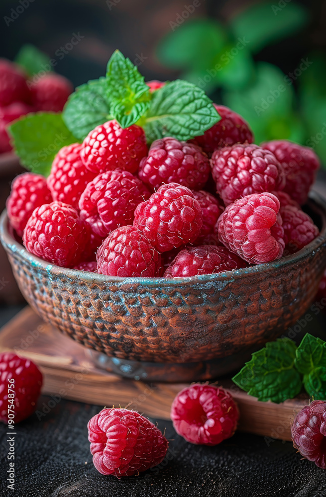 A bowl of red raspberries with green leaves. The bowl is on a wooden table. The raspberries are fresh and ripe A bowl of red raspberries with green leaves. The bowl is on a wooden table. The raspberries are fresh and ripe