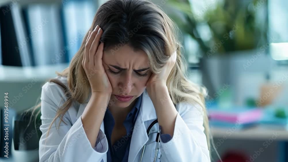 Stressed female doctor holding head in hands, exhausted healthcare worker experiencing burnout in hospital Stressed female doctor holding head in hands, exhausted healthcare worker experiencing burnout in hospital