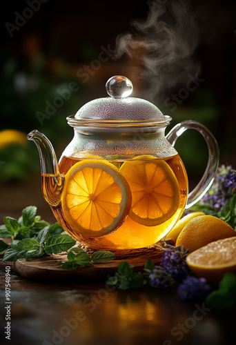 A teapot with sliced lemons and a sprig of mint sits on a wooden table