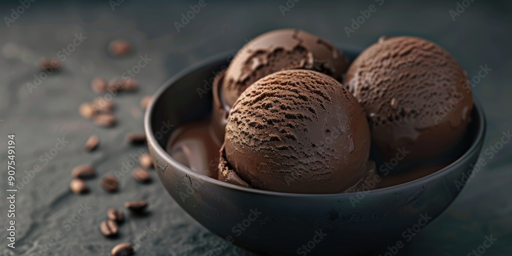 A delicious and rich dessert featuring three scoops of chocolate ice cream served in a bowl A delicious and rich dessert featuring three scoops of chocolate ice cream served in a bowl