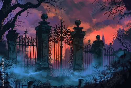 Ornate Iron Gate Leading to a Mysterious, Foggy Forest