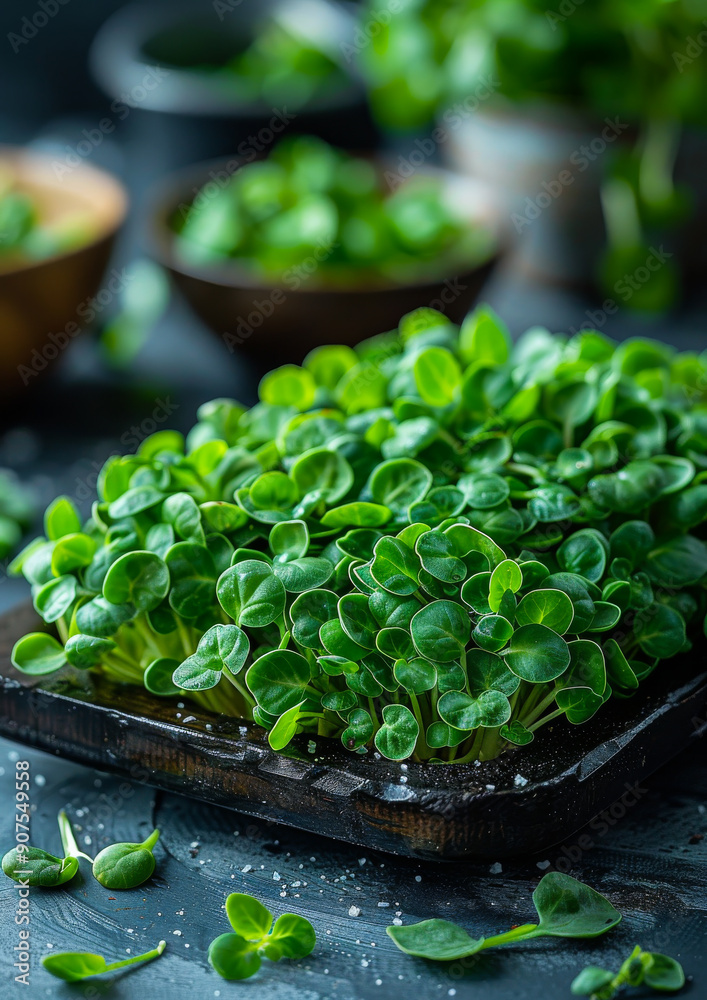 A tray of green sprouts sits on a wooden table. The tray is filled with a variety of sprouts, including parsley, basil, and cilantro. A tray of green sprouts sits on a wooden table. The tray is filled with a variety of sprouts, including parsley, basil, and cilantro.