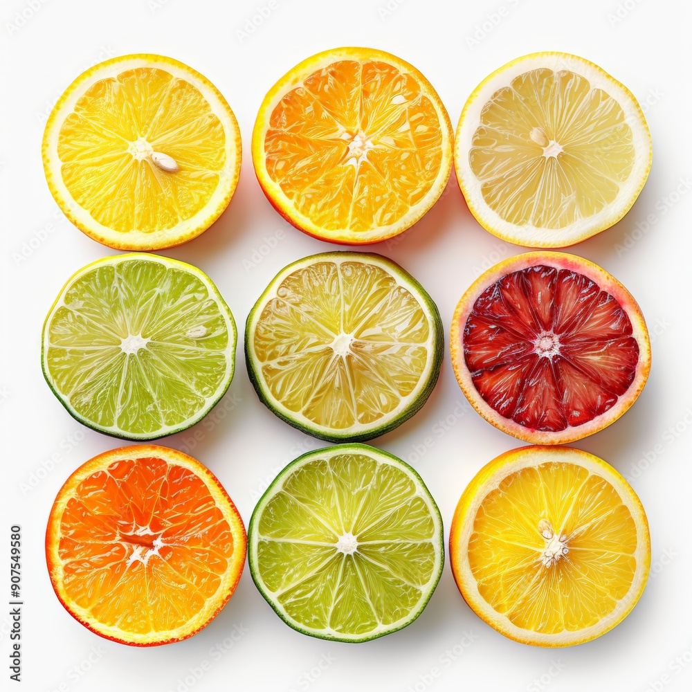Fototapeta premium A vibrant arrangement of assorted citrus slices including orange, lemon, lime, and blood orange, set against a white background.