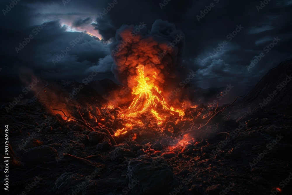 Torchlight in the midst of a conflagration highlights singed surroundings with dramatic intensity. Torchlight in the midst of a conflagration highlights singed surroundings with dramatic intensity.