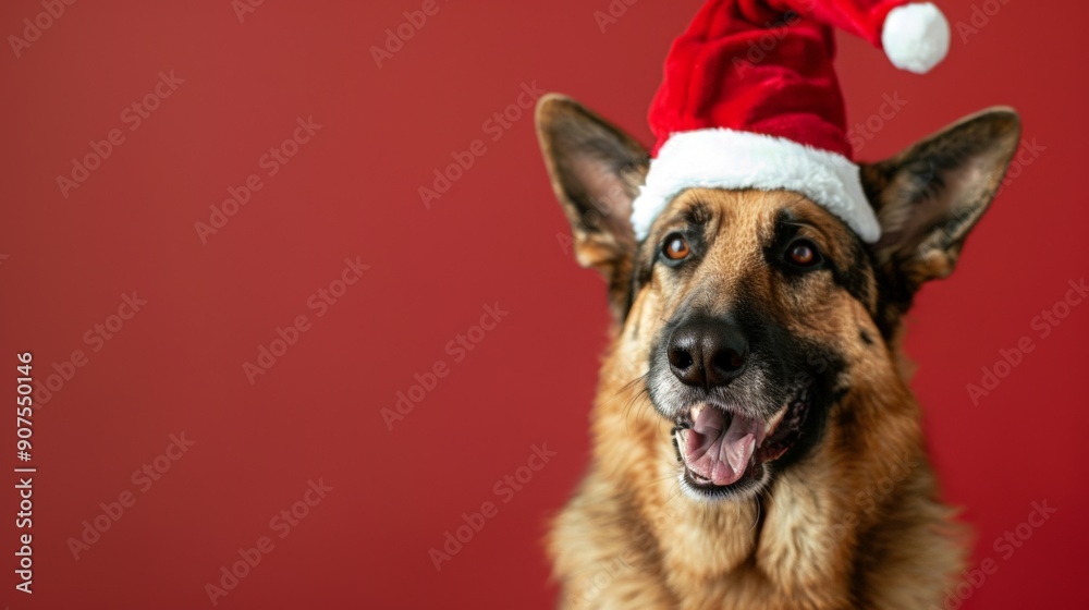 German Shepherd Wearing Santa Hat - Christmas Holiday Dog Portrait - Festive Canine in Red Backdrop German Shepherd Wearing Santa Hat - Christmas Holiday Dog Portrait - Festive Canine in Red Backdrop
