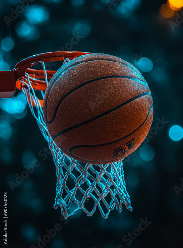 A basketball is suspended in midair over a net. The ball is wet and he is in motion. Concept of excitement and anticipation, as if the basketball player is about to make a shot