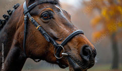 A brown horse with a black bridle and a black nose © Vadim