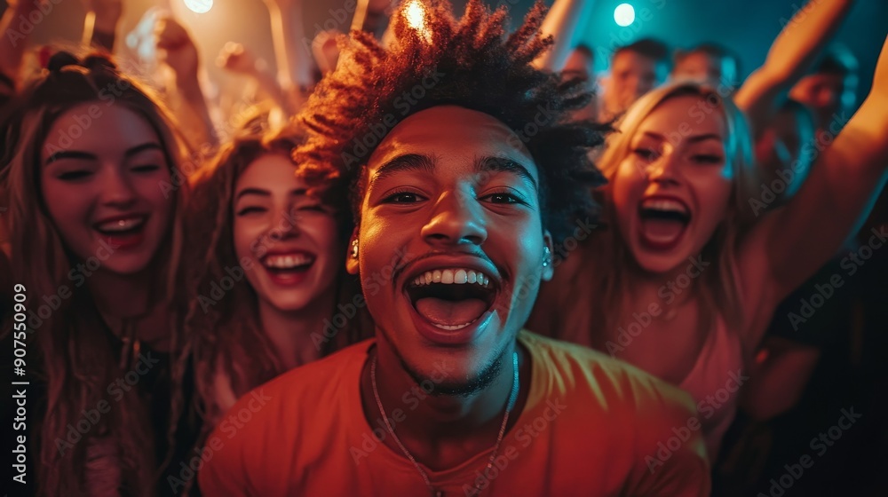 Front row of a concert with a group of excited music fans looking into the camera singing and dancing, Generative AI Front row of a concert with a group of excited music fans looking into the camera singing and dancing, Generative AI