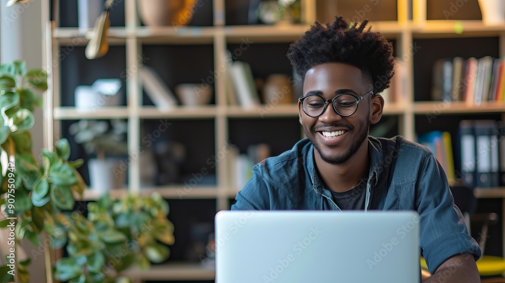 Smiling young man working from home office, sitting at desk using laptop computer for online communication and remote work. Smiling young man working from home office, sitting at desk using laptop computer for online communication and remote work.