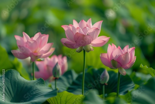 Beautiful pink lotus flower blooming in a serene pond.