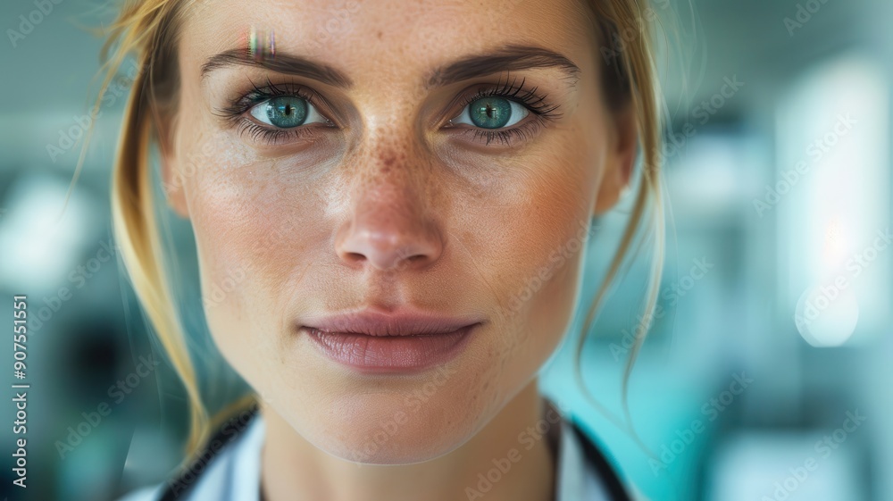 Compassionate close-up portrait of a young Danish female doctor with a focused expression in a clinical setting Compassionate close-up portrait of a young Danish female doctor with a focused expression in a clinical setting