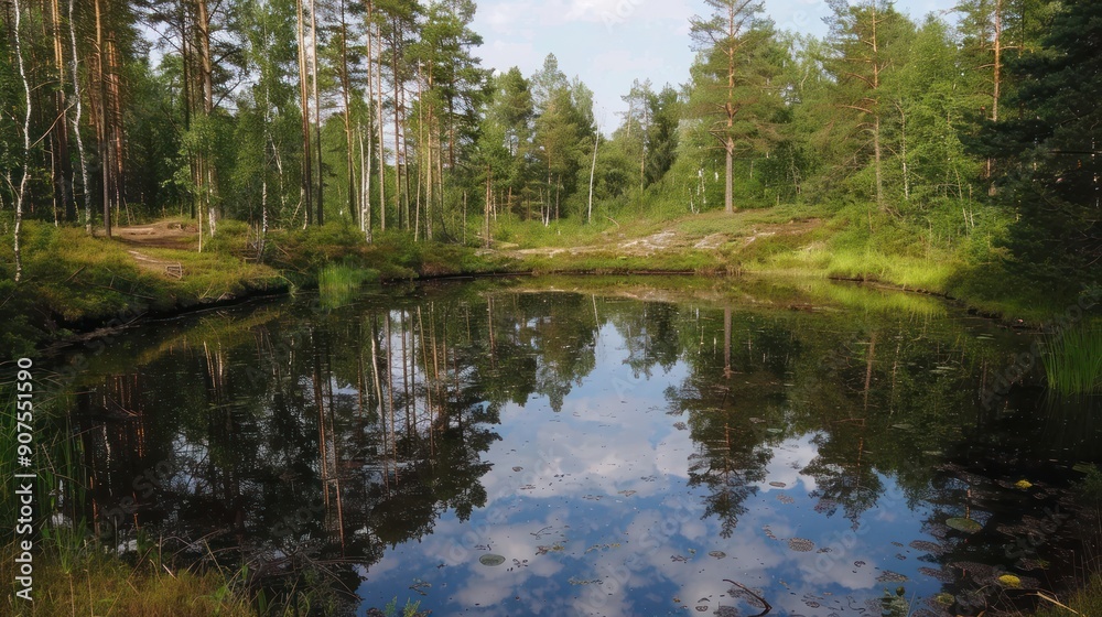 Tranquil Forest Pond with Sky Reflection. Tranquil Forest Pond with Sky Reflection.