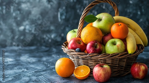 Organic Fruit Basket Basket filled with organic fruits like apples, oranges, and bananas, symbolizing natural goodness and health in design