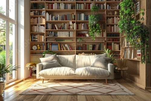 Living room interior with sofa, bookshelf wooden floor. Concept of cozy meeting reading place. Panoramic window. 3d rendering, Generative AI