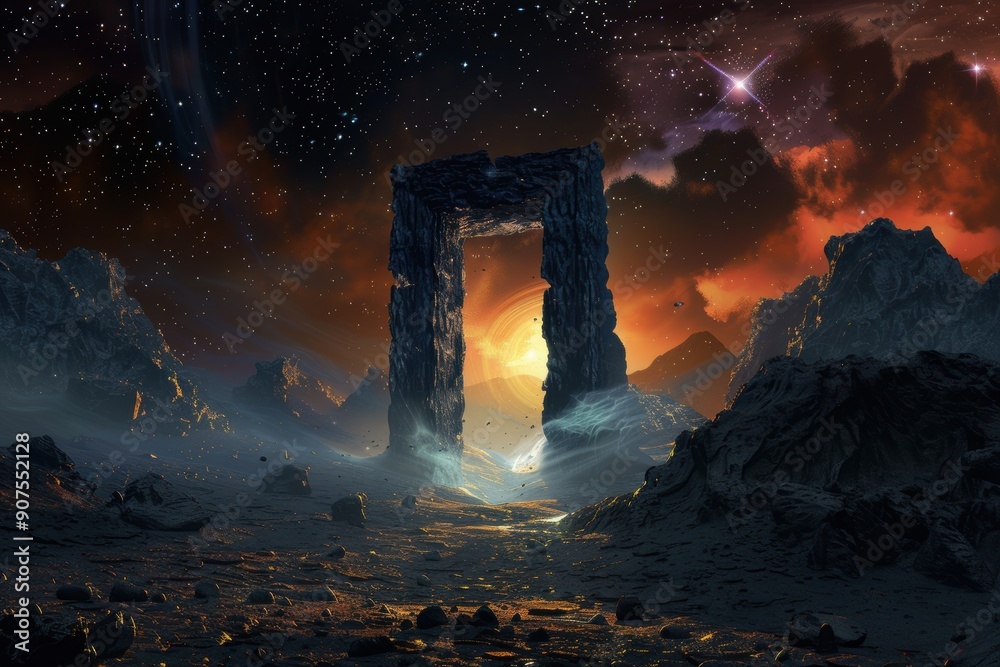 A Starry Sky with a Giant Stone Archway on an Alien Planet