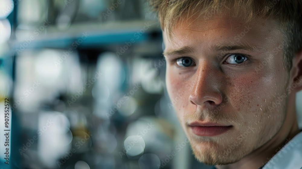 Focused close-up portrait of a young Finnish male engineer working on a technical project