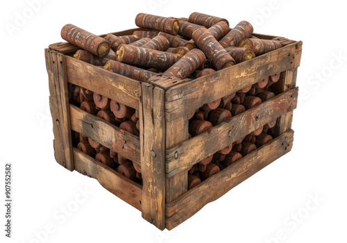 wooden crate full of dynamites isolated on transparent background. photo