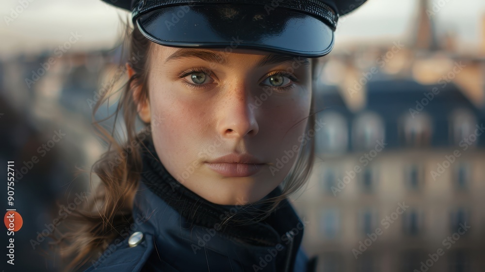 Determined close-up portrait of a young French female police officer with a focused expression, standing outdoors in an urban setting Determined close-up portrait of a young French female police officer with a focused expression, standing outdoors in an urban setting