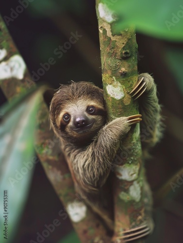 A young sloth hangs from a tree branch, getting ready for a nap