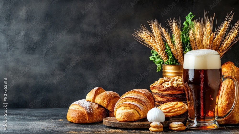 Delicious assortment of baked goods, grains, and a refreshing beer, perfect for any gathering or culinary display. Delicious assortment of baked goods, grains, and a refreshing beer, perfect for any gathering or culinary display.