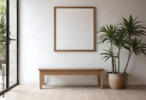 A wooden frame on a white wall with a wooden bench and a potted plant in the foreground