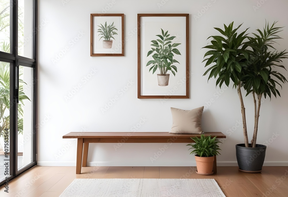 A wooden frame on a white wall with a wooden bench and a potted plant in the foreground A wooden frame on a white wall with a wooden bench and a potted plant in the foreground