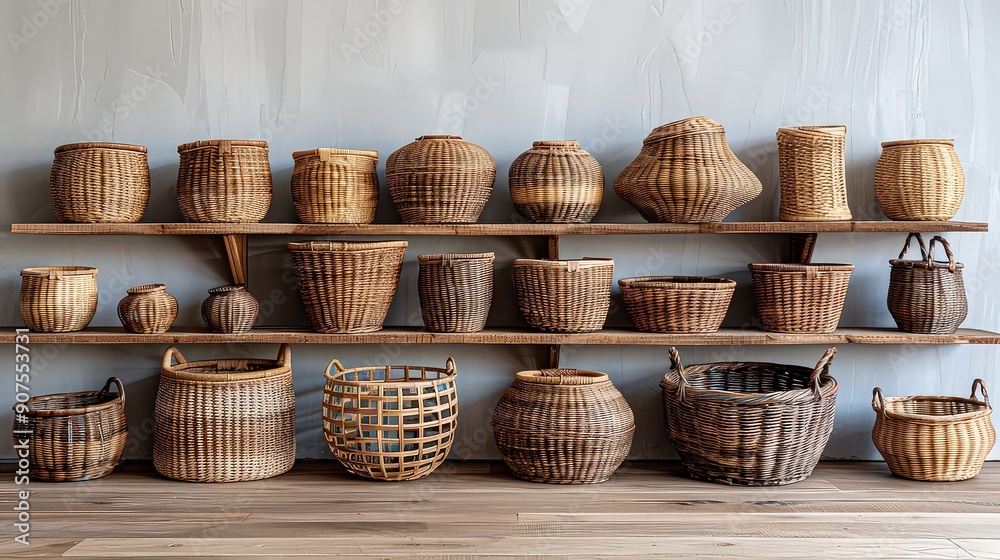collection of various traditional wicker baskets displayed on wooden shelves. collection of various traditional wicker baskets displayed on wooden shelves.
