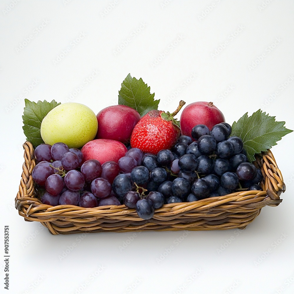 Ripe juicy fruits in basket isolated on white background Ripe juicy fruits in basket isolated on white background