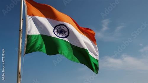 Indian Flag Waving Against Clear Blue Sky. Vibrant Tricolor of Saffron, White, and Green with Ashoka Chakra Symbolizes National Pride, Patriotism, and Identity. Captures the Essence of India 