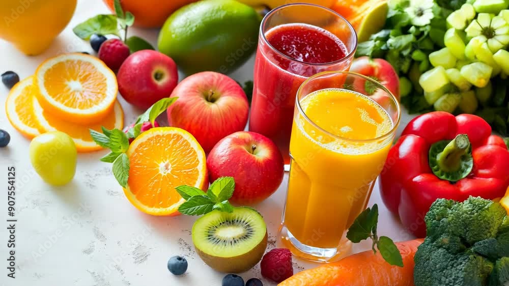 Colorful array of fresh fruits, vegetables and healthy juices on table, vibrant organic produce and smoothies Colorful array of fresh fruits, vegetables and healthy juices on table, vibrant organic produce and smoothies