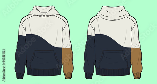Older boys and teen mens colour block terry fleece drop shoulder hoodie flat sketch outline vector fashion illustration template. 