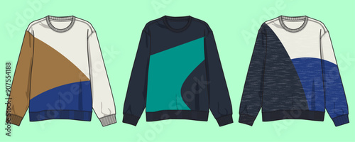 Ladies Drop Shoulder terry fleece color block sweatshirt flat sketch outline vector fashion illustration template.