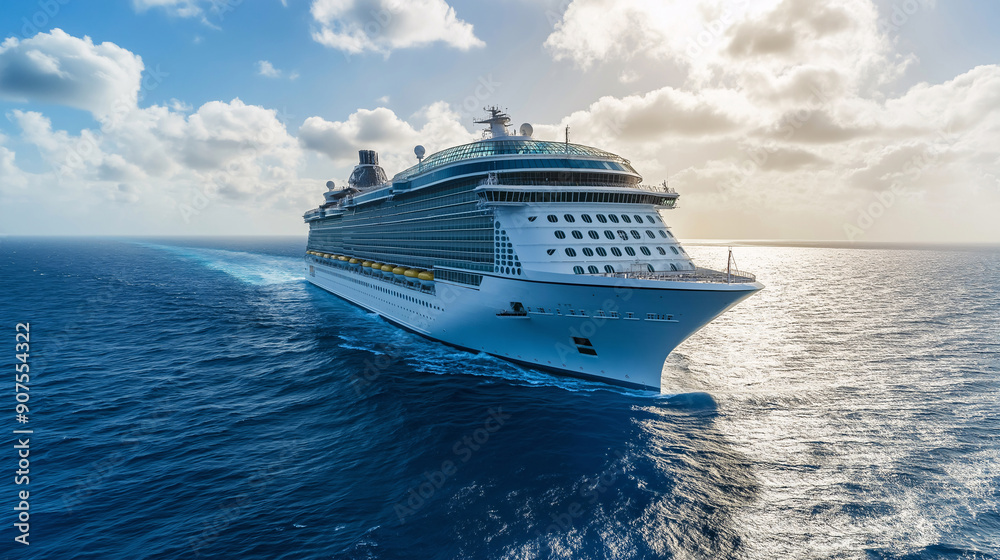 A breathtaking stock photo of a large cruise ship sailing on the open sea, The ship is prominently featured, with the ocean and sky providing a stunning backdrop A breathtaking stock photo of a large cruise ship sailing on the open sea, The ship is prominently featured, with the ocean and sky providing a stunning backdrop