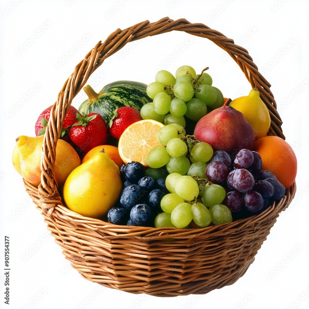 Ripe juicy fruits in basket isolated on white background Ripe juicy fruits in basket isolated on white background