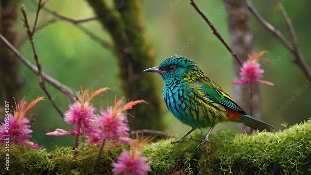 Fototapeta premium A bird perches on a tree branch, Surrounding the bird are branches with pink flowers and buds and blur green background.