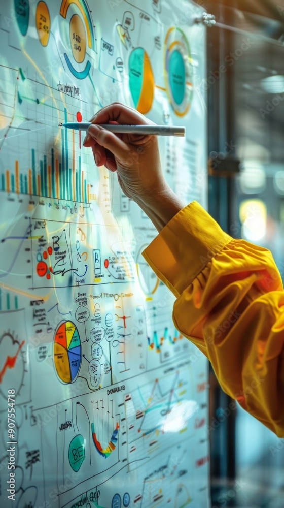 Obraz premium A person in a yellow shirt points at various charts on a white board with Arabic text,