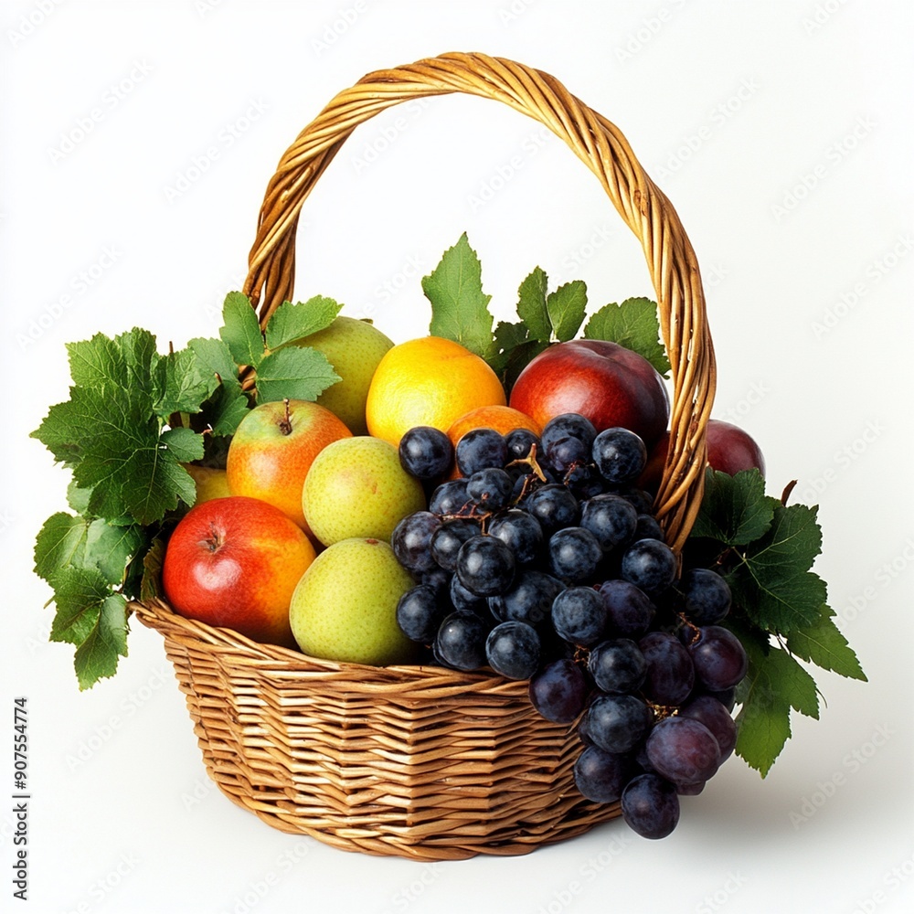 Ripe juicy fruits in basket isolated on white background Ripe juicy fruits in basket isolated on white background