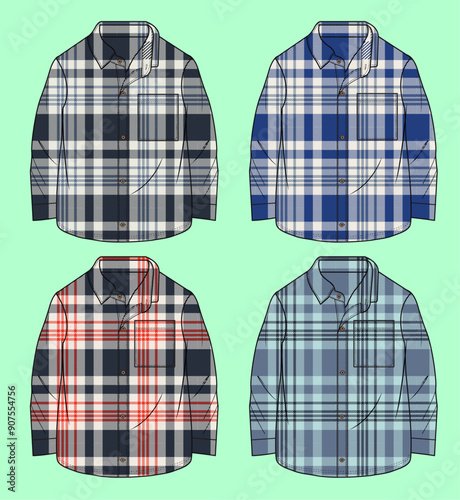 Toddler Boys kids check shacket shirt flat sketch outline vector fashion illustration template. 
