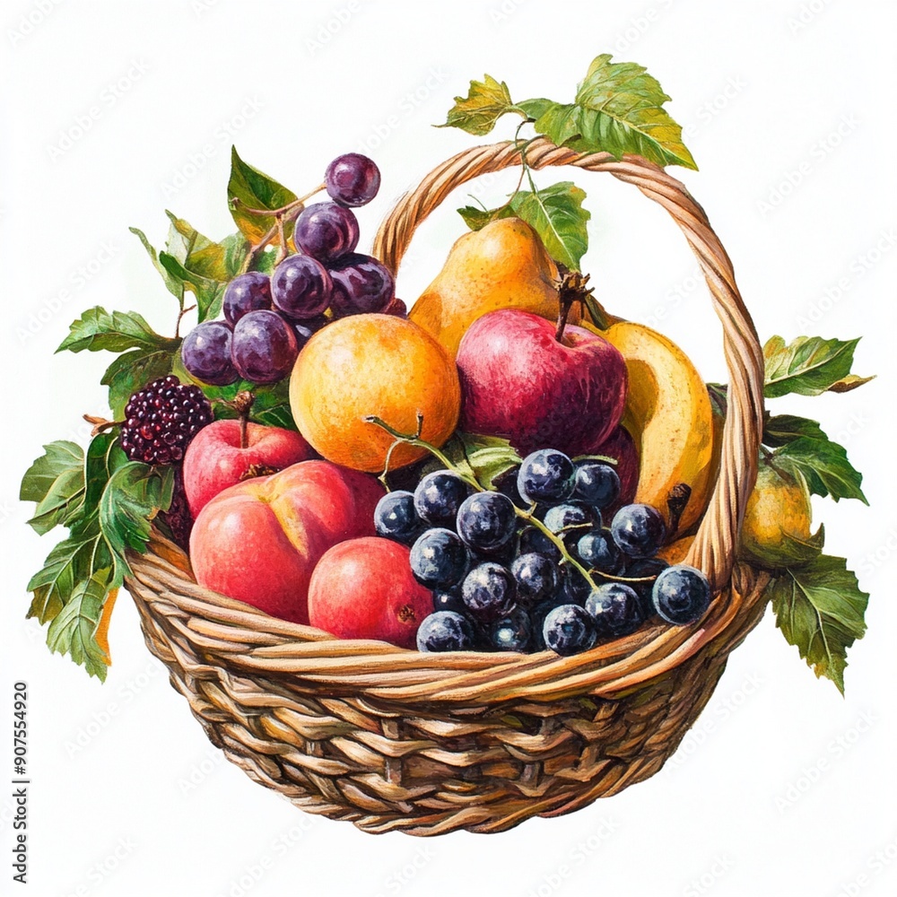 Ripe juicy fruits in basket isolated on white background Ripe juicy fruits in basket isolated on white background
